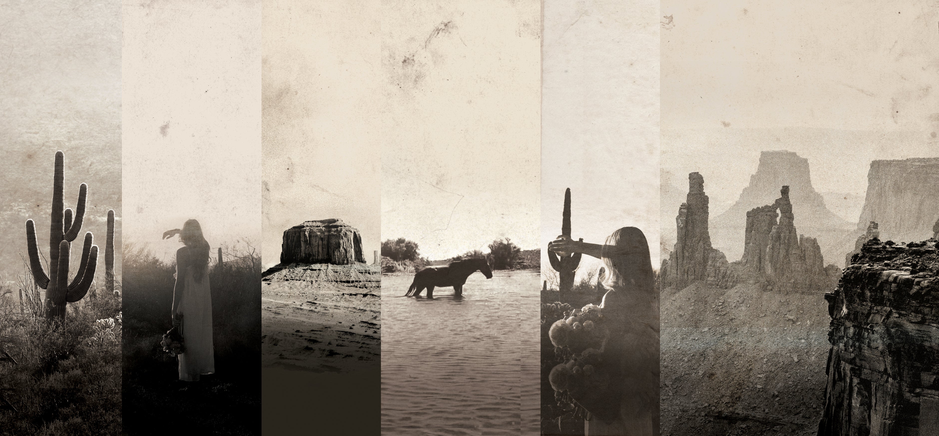 Collage image of different black and white and sepia desert landscape images. Some parts have woman in them.