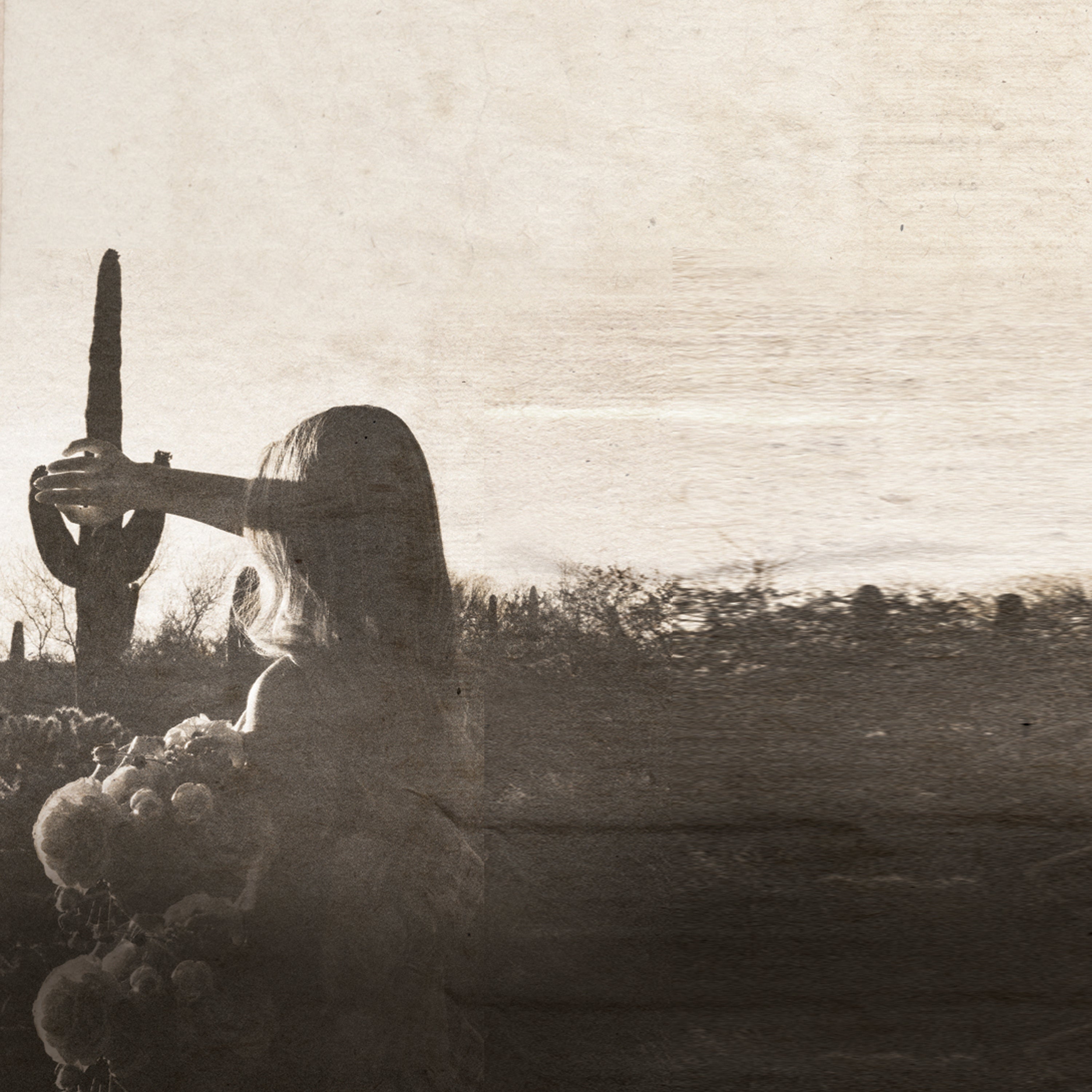 Sepia image of woman in the desert next to cactus