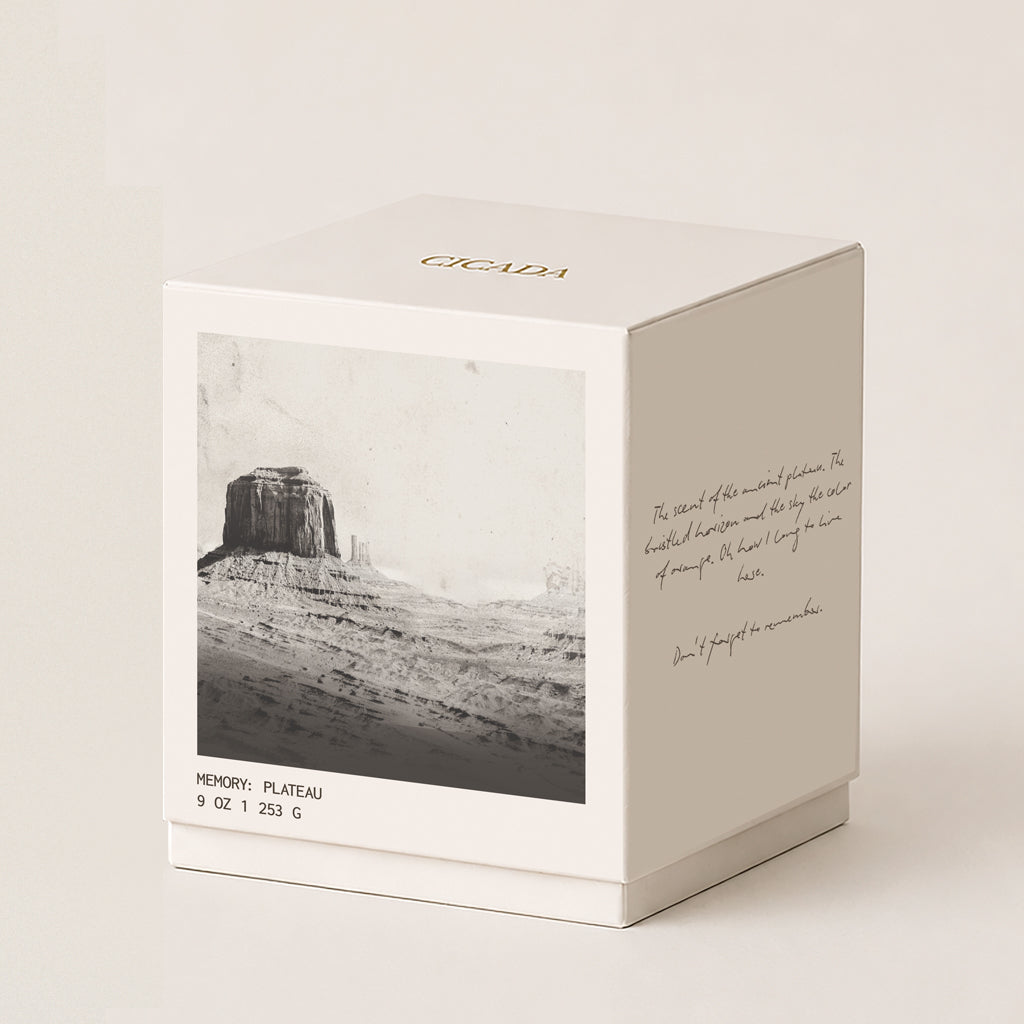 A square cream-colored 9 oz candle box featuring a black and white landscape photograph of a butte on the front and handwritten-style text on the side, and 'CICADA" gold lettering on top, set against a solid cream background.