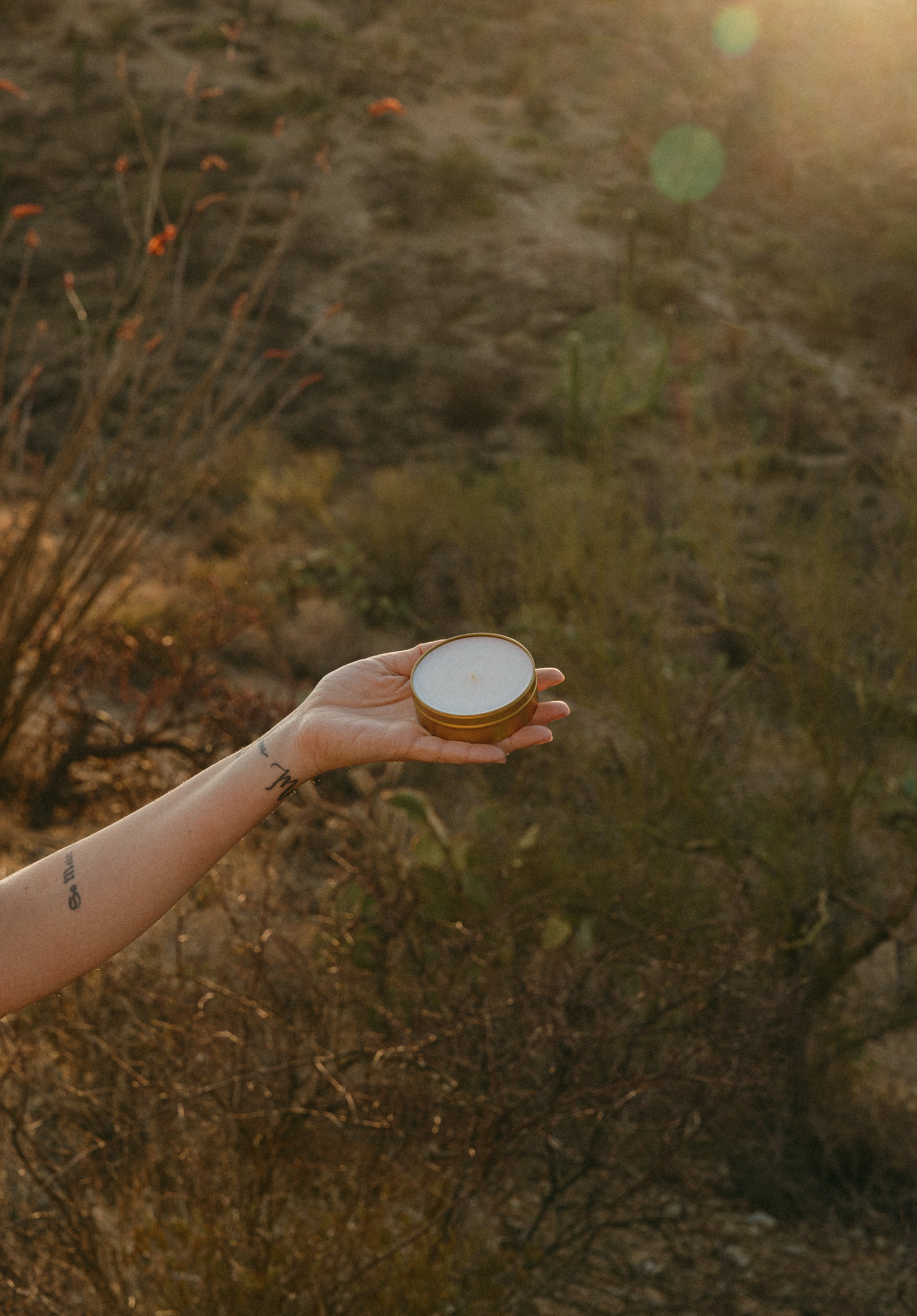 Lifestyle image of arm and hand holding gold tin candle in a desert landscape setting.