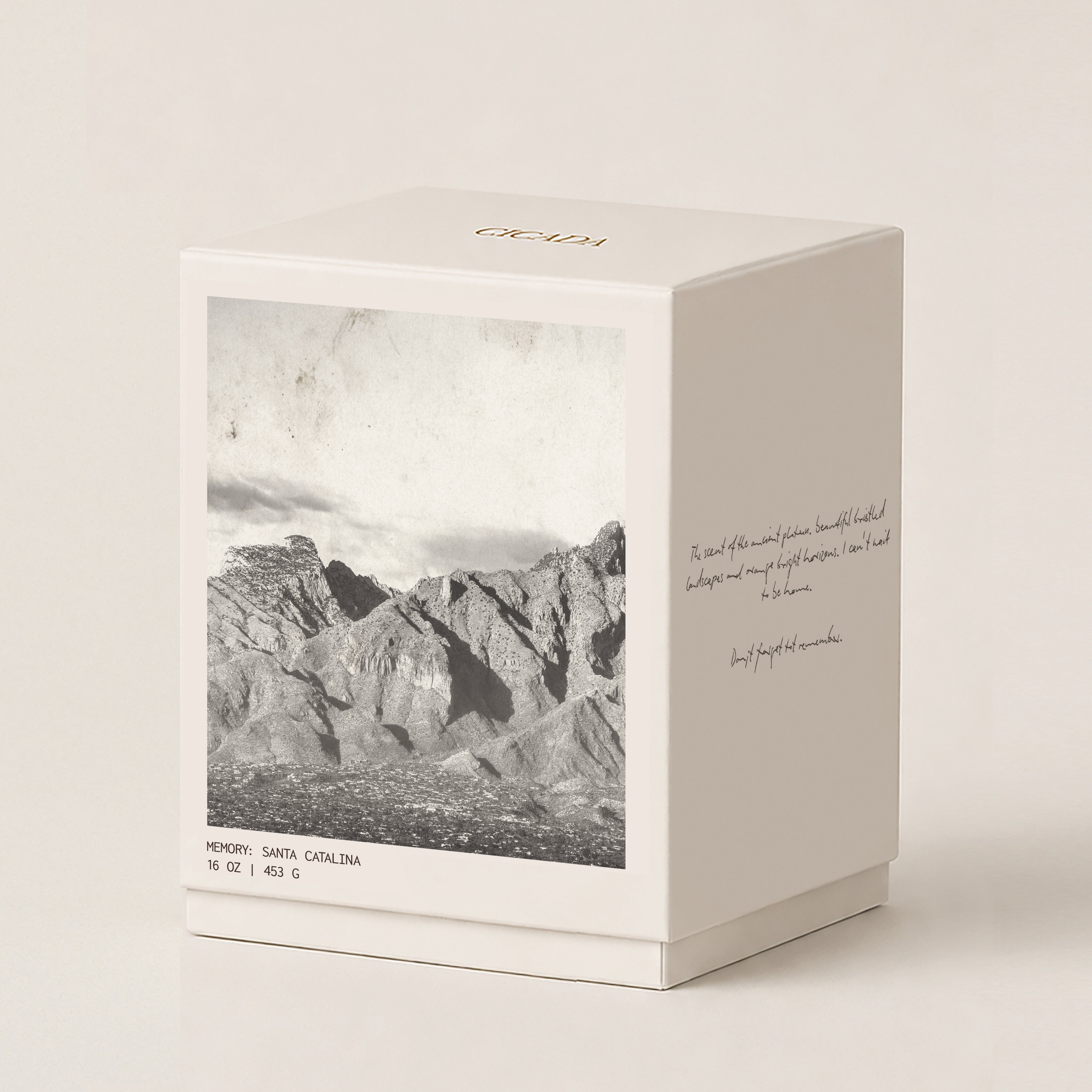 A square cream-colored 16oz candle box with a black-and-white photograph of mountains on the front, gold 'CICADA' branding on the top, and handwritten-type script on the side, photographed on a warm off-white background.