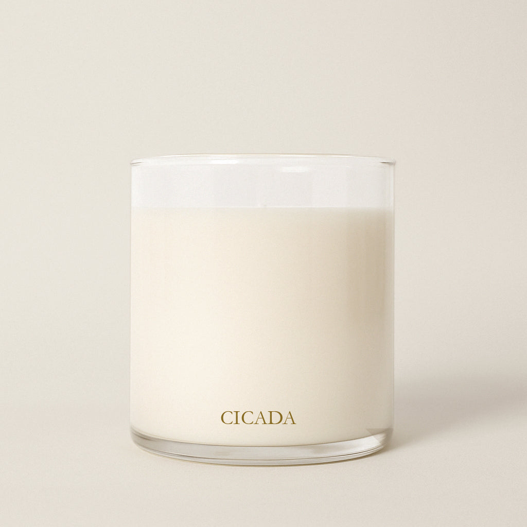 Product image of 16 oz glass vessel candle, off white colored wax, with gold brand name 'CICADA' written on it. Beige background in image. Candle is approximately 3.75