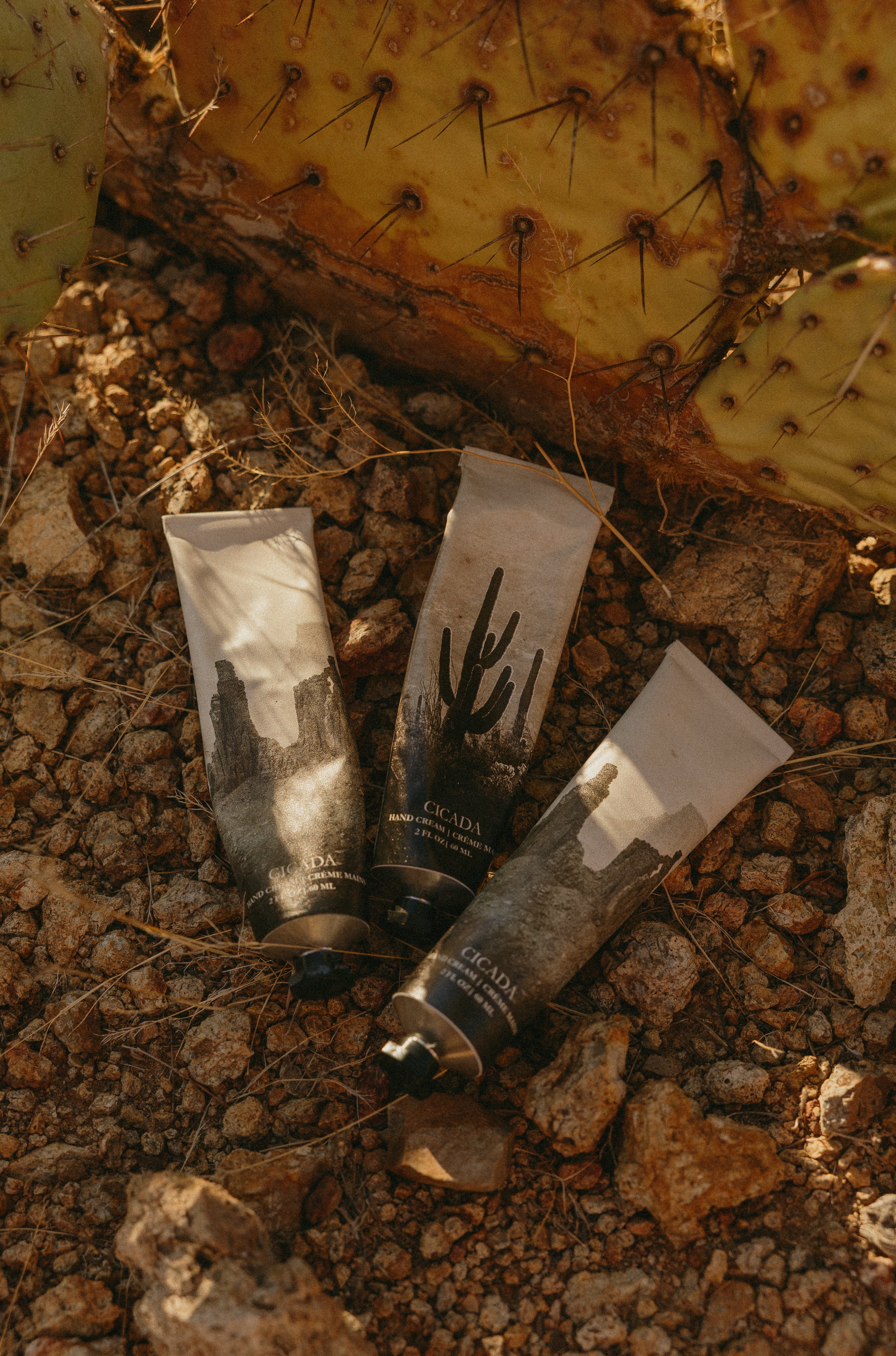 Lifestyle image of three CICADA hand creams laying on desert ground next to a cactus. 