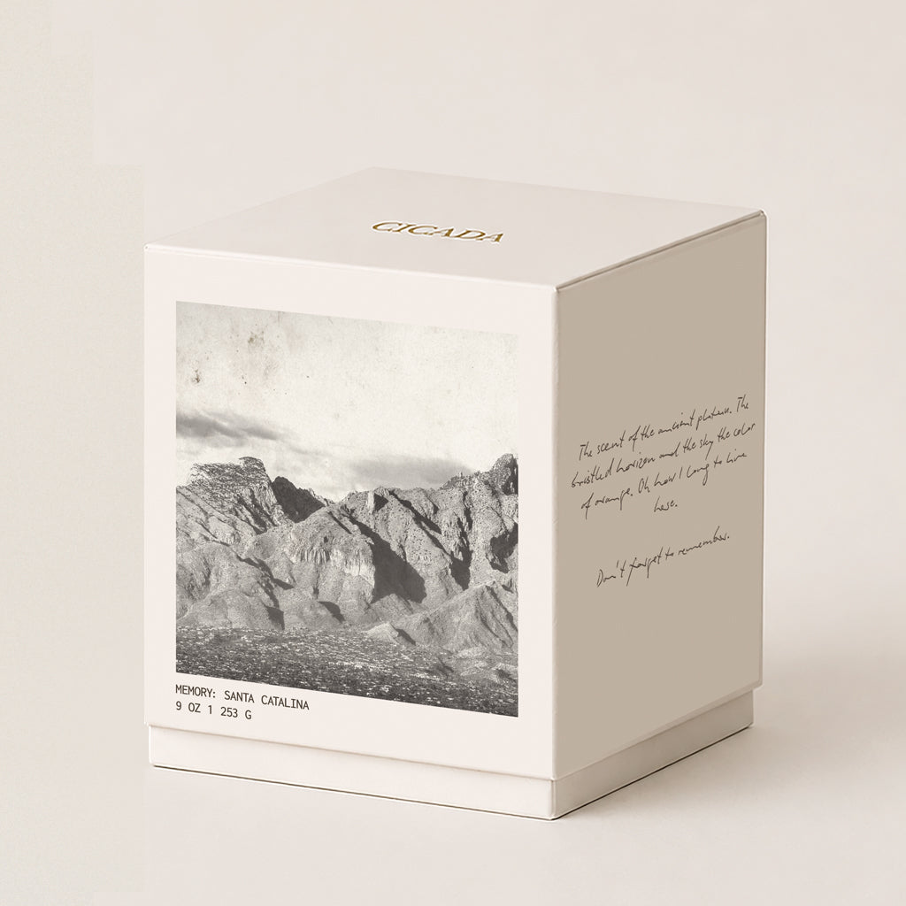 A square cream-colored 9 oz candle box with a black-and-white photograph of mountains on the front, gold 'CICADA' branding on the top, and handwritten-type script on the side, photographed on a warm off-white background.
