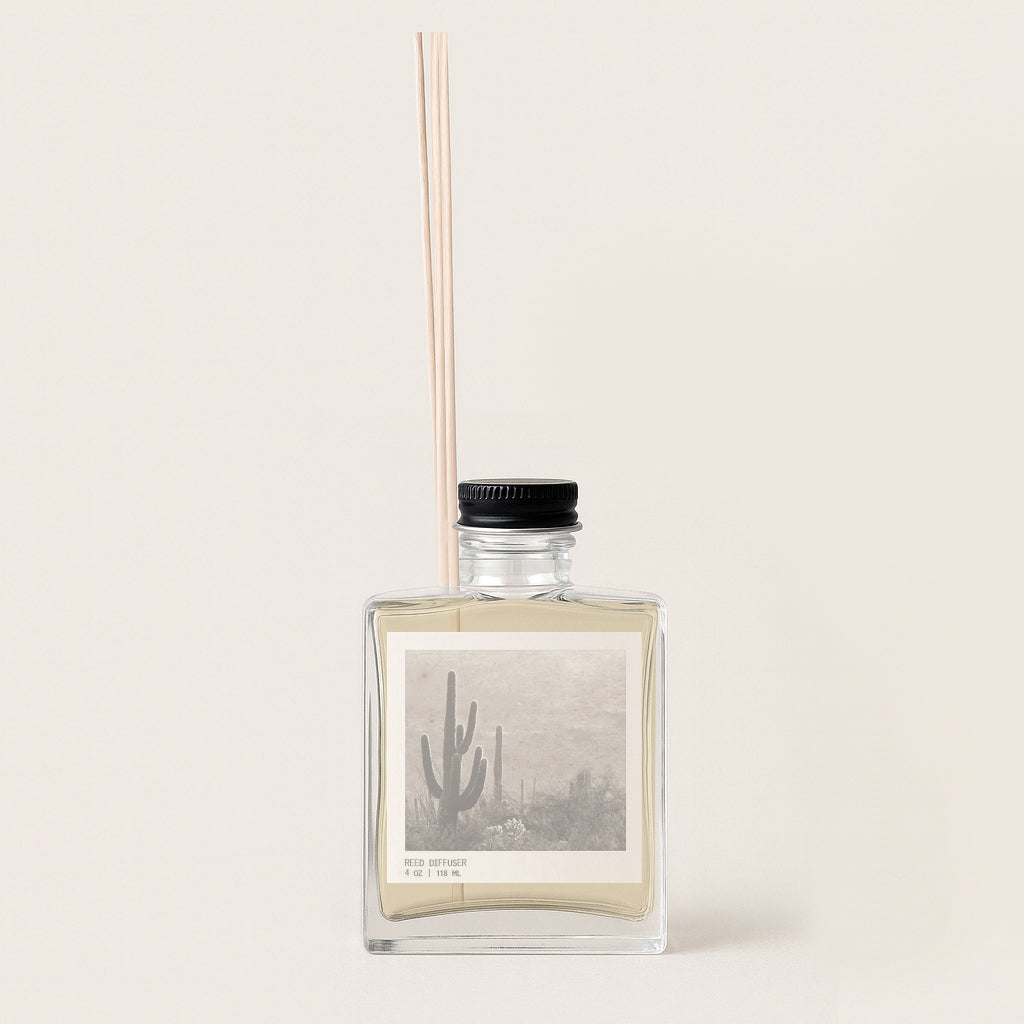 Image of rectangular reed diffuser bottle with sepia colored image of cactus and desert landscape on front label. Bottle has black metal cap. 